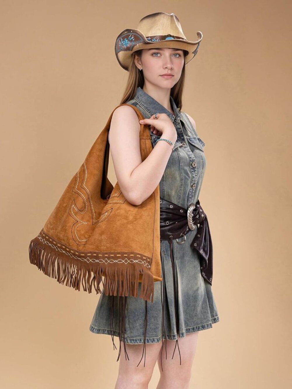 Fringe Large Hobo Bags for Women Western Oversize Suede Shoulder Purses Ladies T - Picture 2 of 4